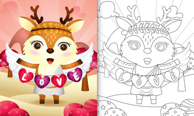 coloring book for kids with a cute deer angel using cupid costume holding heart shape flag
