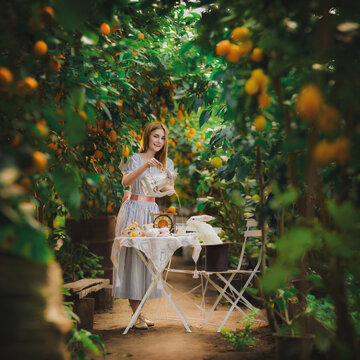 young girl make tea in orange garden and white rabbit drink tea. Fairytale alice in wonderland