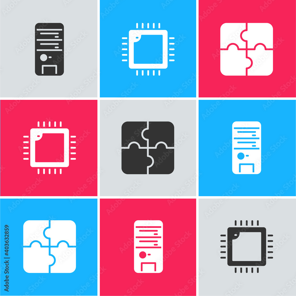 Poster set computer, processor with cpu and piece of puzzle icon. vector.