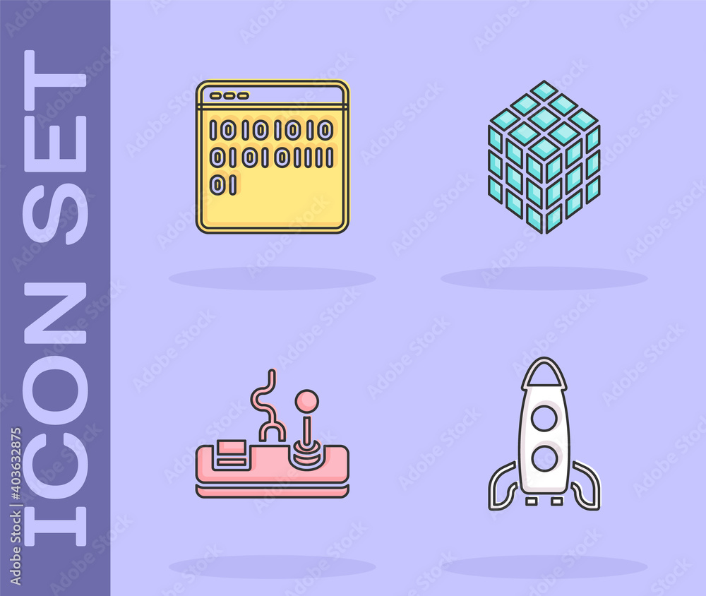 Poster set rocket ship, binary code, gamepad and rubik cube icon. vector.