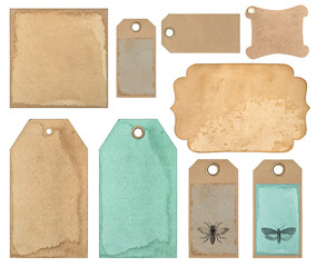Used paper tags Old cardboard card stains isolated