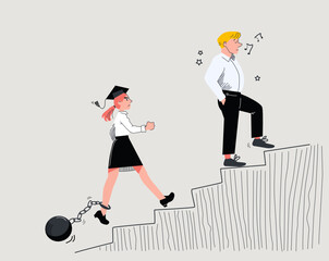 illustration of unfair salary gap between male and female professional employees. Troubles and problems for women climb corporate career ladder. Young university graduate struggle with ball and chain