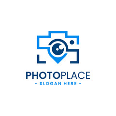 Photo point logo design template. Abstract combination of camera with navigation pin icon vector. Concept of place for photography. Flat style for graphic design, logo, web, UI.