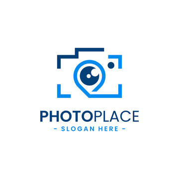 Photo point logo design template. Abstract combination of camera with navigation pin icon vector. Concept of place for photography. Flat style for graphic design, logo, web, UI.