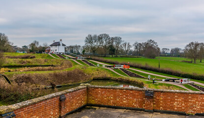 A view looking up Foxton Locks, UK towards the lock keeper's cottage on a winters day