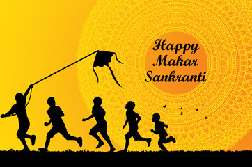 designer illustration of happy makar sankranti with children flying kite in yellowish silhouette...