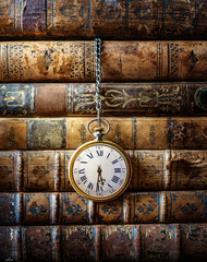 Vintage clock hanging on a chain on the background of old books. Old watch as a symbol of passing...