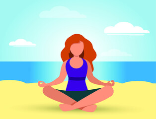 Obraz na płótnie Canvas Amazing cartoon girl in yoga lotus pos. Practicing yoga. Vector illustration. Young and happy woman meditates.