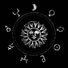 vector illustration of the sun surrounded by planets symbols on black background