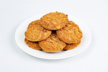 Homemade chocolate chip and oatmeal cookies isolated on white background.