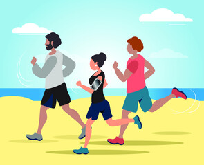 Athletes running outside. People jogging hard. Vector illustration.
