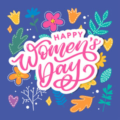 Fototapeta na wymiar Happy Women's Day handwritten lettering. Modern vector hand drawn calligraphy with abstract flowers for your greeting card design