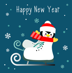 Cute Christmas penguin in a skate shoe. Vector illustration.
