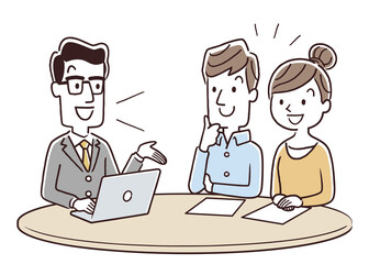 ベクターイラスト素材：男性スタッフから説明を受けるカップル、夫婦
