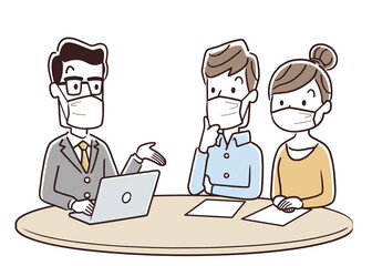 ベクターイラスト素材：マスクを付けた男性スタッフから説明を受けるカップル、夫婦
