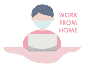 Man wearing facial mask with laptop for working from home during COVID-19 situation