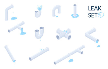 Vector isometric set of plumbing pipes with leaks isolated on white.Isometric illustration. - obrazy, fototapety, plakaty