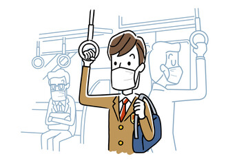 ベクターイラスト素材：マスクを付けて電車通学する男子学生
