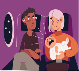 Funny picture of family on board of air plane. Angry childfree Male passenger can’t sleep because of tired exhausted young mother with screaming stressed infant baby. Travelling problems with children