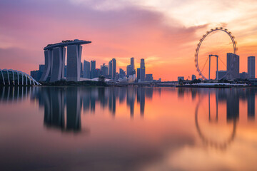 Landscape of financial district and business building at sunset time in Singapore city