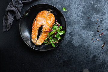 salmon seafood fried bbq fish in plate grilled omega ready to eat on the table meal snack top view copy space food background rustic image pescetarian diet