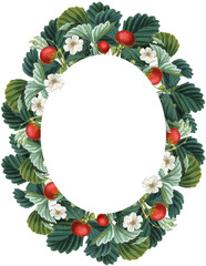 Oval botanical frame with red strawberry, white blossoms and green leaves