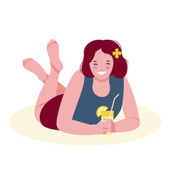 Lying girl with fruit cocktail, juice, lemonade.Vector illustration. Isolated on a white background.