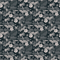 Seamless pattern with antique monochrome strawberry on dark background