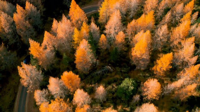 Aerial flying above alpine mountain road, dolomites