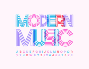 Vector trendy poster Modern Music. Colorful maze Font. Creative Alphabet Letters and Numbers set