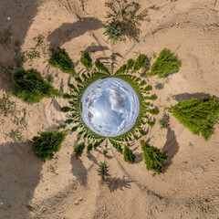 Blue little planet. Inversion of tiny planet transformation of spherical panorama 360 degrees. Spherical abstract aerial view. Curvature of space.
