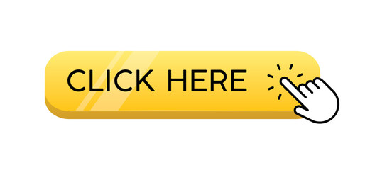 Click here button with hand clicking icon. 3d shiny style vector.