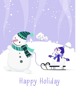 Dad Snowman Sledding His Son Snowman. Winter Landscape. Vector Illustration.