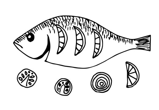 black and white fish with lemon slices clip art preview