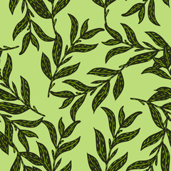 Nature botanic seamless pattern with dark green leaves branches islhouettes print on light background.
