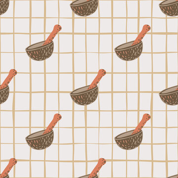 Brown martar and pestle doodle print seamless pattern. Light background with check.