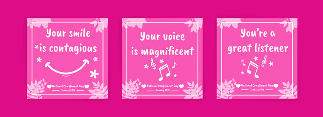 National Compliment Day. January 24th. Social media post templates, banners, cards, posters with text.