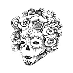 Sugar skull girl. Woman with makeup roses flowers wreath. Vector vintage hatching