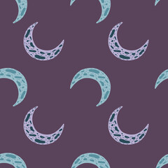 Fototapeta na wymiar Childish seamless pattern with blue and light purple tones moon ornament. Dark purple background.