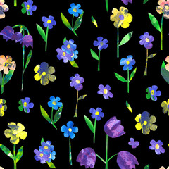 Watercolor floral paper collage seamless pattern on a black background. Cute hand-drawn craft paper endless backdrop for your design. Colorful field flowers wallpaper.