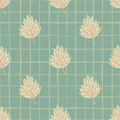 Decorative seamless hand drawn pattern with light autumn contoured leaves. Turquoise background with check.
