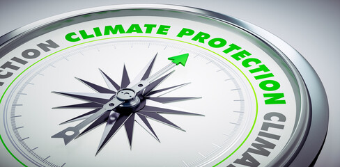 White compass with needle pointing to the words climate protection - 3D Illustration