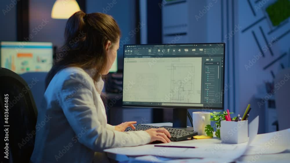 Poster woman architect matching digital plans from pc with blueprints working in start-up business office o