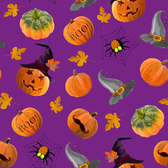 Obraz na płótnie Canvas Seamless pattern with pumpkins and autumn leaves, Halloween decor, Halloween pattern with pumpkin faces
