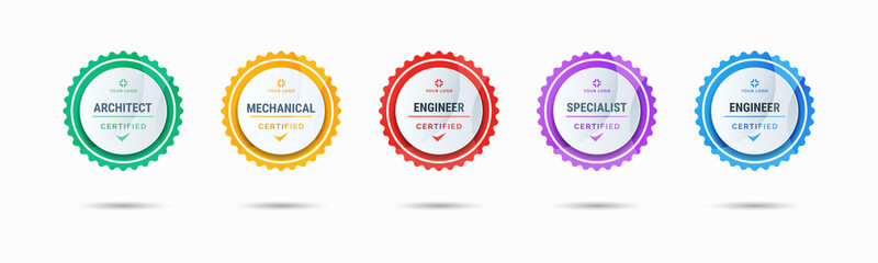 Certified badge logo design for company training badge certificates to determine based on criteria. Set bundle certify colorful vector illustration.