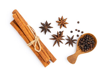 anise star with cinnamon stick ,Garlic and Pepper isolated on white background