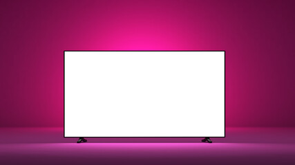 Modern TV with white screen for mockup and pink background, 3d illustration