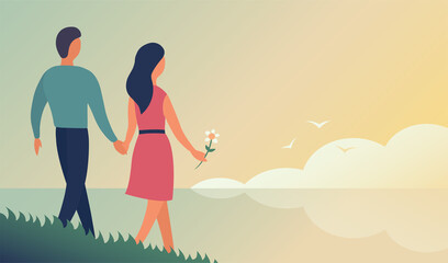 Fototapeta premium Young man and woman are walking on the background of sea. Vector flat illustration.