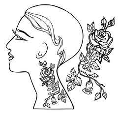 Vector portrait of young sexy woman. Rose tattoo on the neck. Isolated vector illustration.
