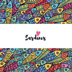 Сute sardines. Postcard with colorful fish.